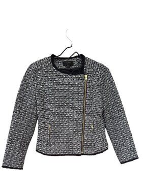 J.Crew Womens Black & White Tweed Fringe Jacket With Gold Zipper Size 2